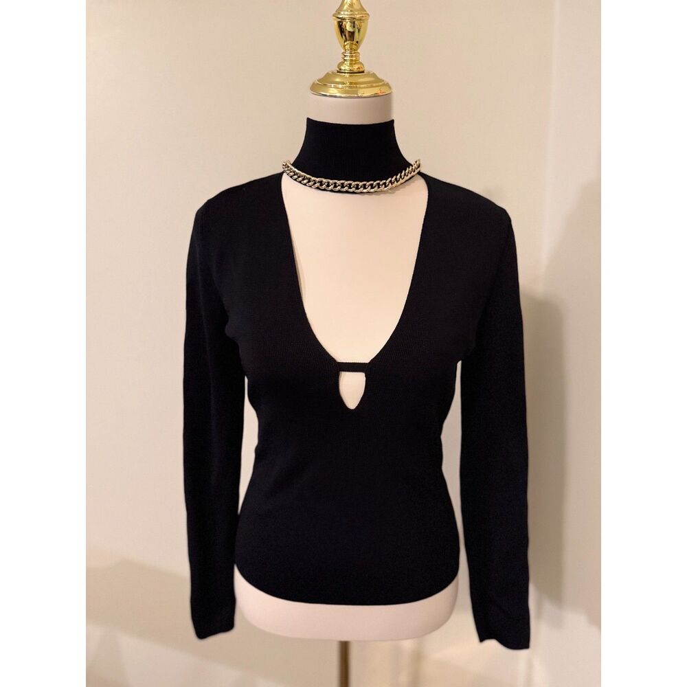 Zara Black Gold Chain Cutout High Neck Sweater Women’s M Long Sleeve